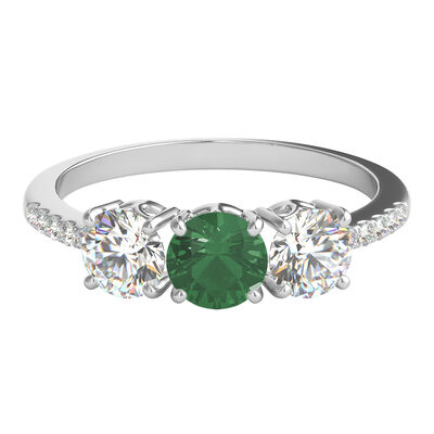 Lab Created Emerald & White Sapphire Three-Stone Ring in Sterling Silver