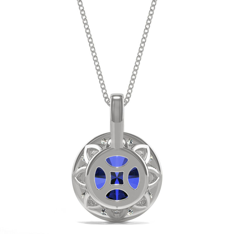 Moissanite &amp; Lab Created Blue Sapphire Halo Pendant in 14K White Gold