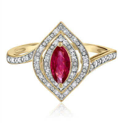 Ruby and Diamond Ring in 10K Yellow Gold (1/8 ct. tw.)
