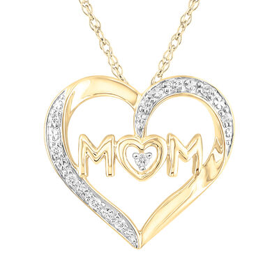 Diamond Mom Heart Pendant in 10K Yellow Gold