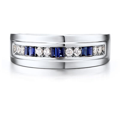 Men's Diamond & Blue Sapphire Ring in 10K White Gold