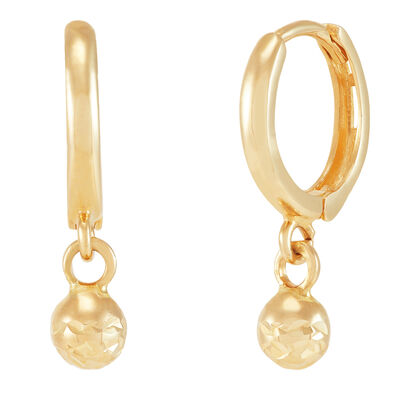 Diamond-Cut Huggie Earrings with Bead Dangles in 14K Yellow Gold