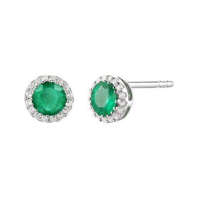 Diamond & Emerald Stud Earrings in 14K White Gold