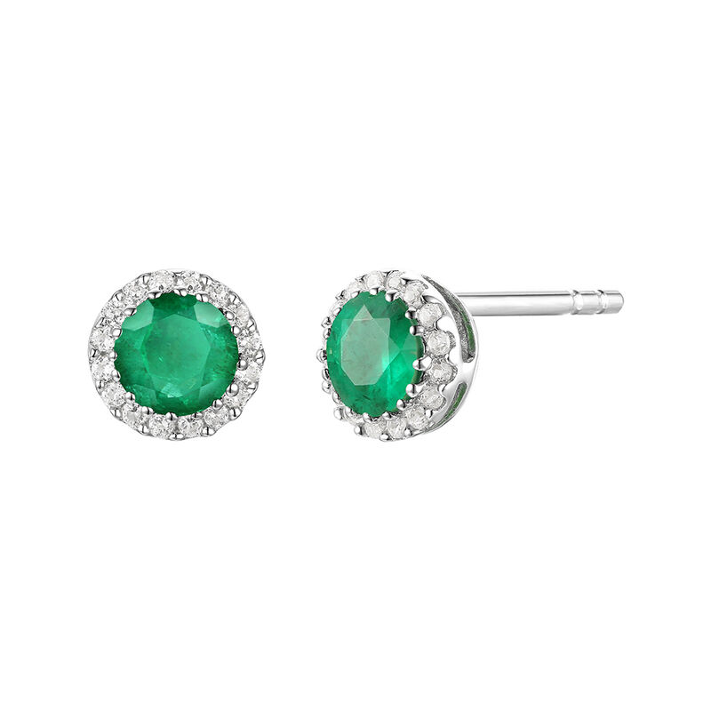 Diamond &amp; Emerald Stud Earrings in 14K White Gold