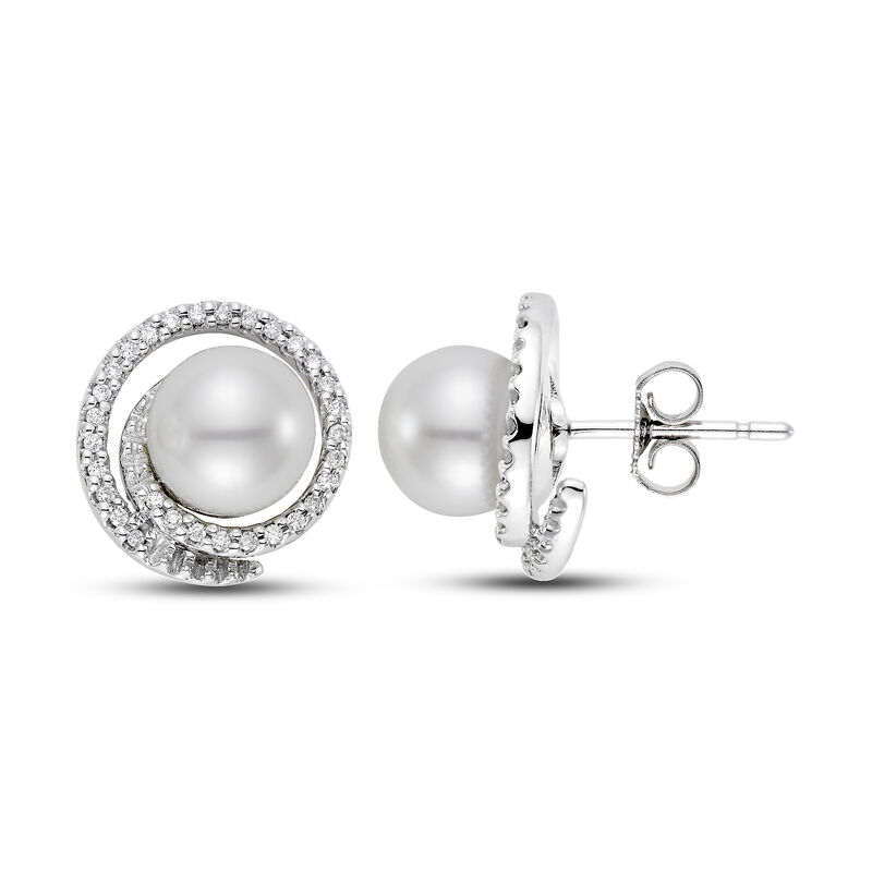 Freshwater Pearl and Diamond Earrings in 18K White Gold &#40;1/3 ct. tw.&#41;