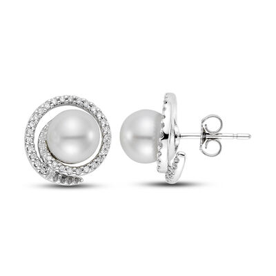 Freshwater Pearl and Diamond Earrings in 18K White Gold (1/3 ct. tw.)