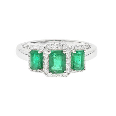Emerald & Diamond Ring with Three-Stone Setting in 10K White Gold (1/5 ct. tw.)