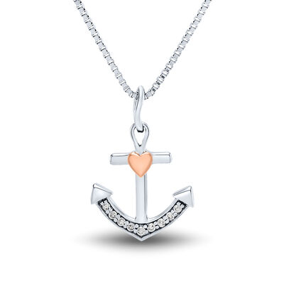 Diamond Anchor Pendant in Sterling Silver & 14K Rose Gold