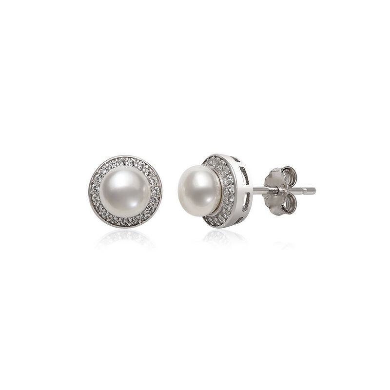 Freshwater Cultured Pearl &amp; Lab Created White Sapphire Halo Earrings in Sterling Silver