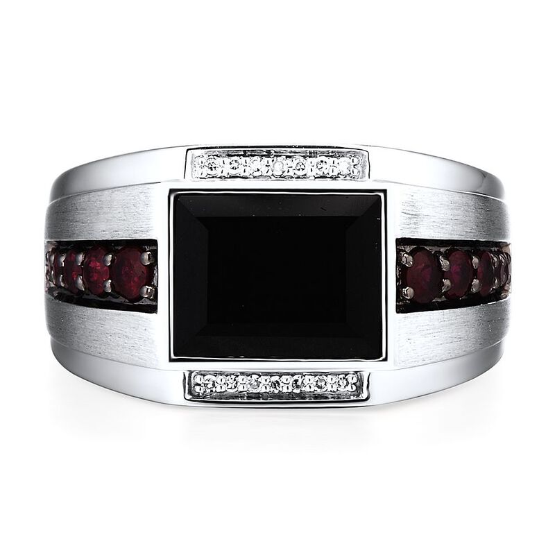Men&#39;s Onyx, Garnet &amp; Diamond Ring in Sterling Silver