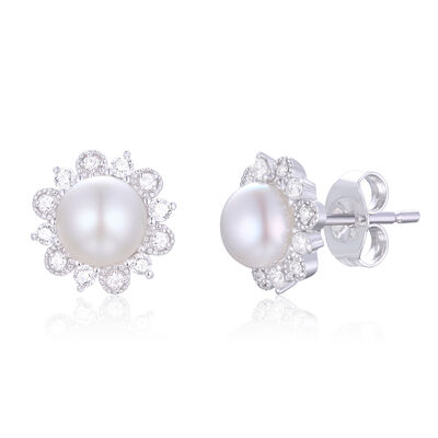 Freshwater Cultured Pearl & Diamond Stud Earrings in 10K White Gold  (1/5 ct. tw.)