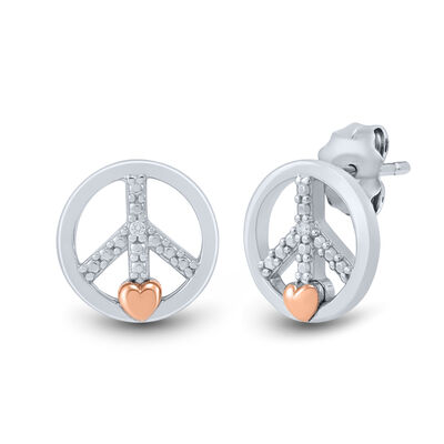 Diamond Accent Peace Sign Earrings in Sterling Silver and 14K Rose Gold