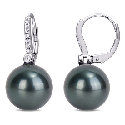 Black Tahitian Pearl & 1/8 ct. tw. Diamond Earrings in 10K White Gold