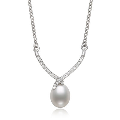 Freshwater Cultured Teardrop Pearl Pendant with White Topaz in Sterling Silver