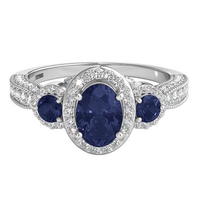 Blue Sapphire & 1/2 ct. tw. Diamond Three-Stone Ring in 14K White Gold