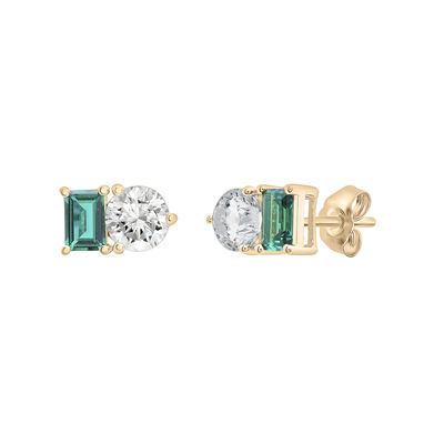 Lab-Created Emerald and Lab-Created White Sapphire Toi et Moi Two-Stone Earrings in Vermeil