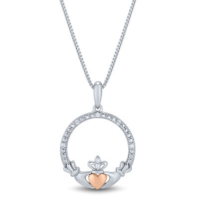 Claddagh Pendant with Diamond Accents in Sterling Silver & 14K Rose Gold