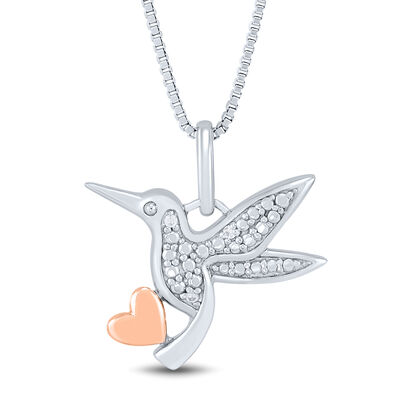 Hummingbird Pendant with Diamond Accents in Sterling Silver and 14K Rose Gold