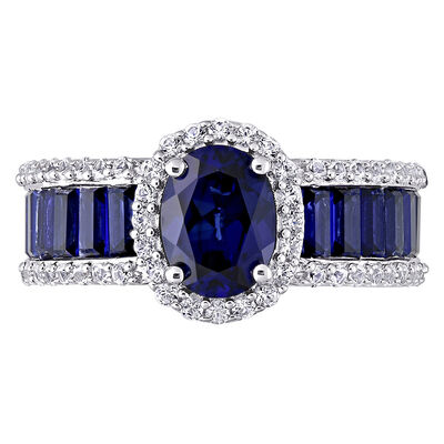 Oval Lab Created Blue & White Sapphire Halo Ring in Sterling Silver
