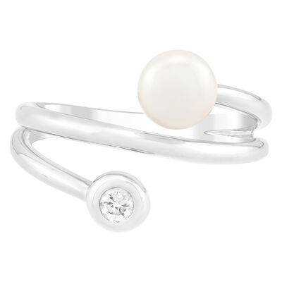 Freshwater Pearl and Lab-Created White Sapphire Ring in Sterling Silver