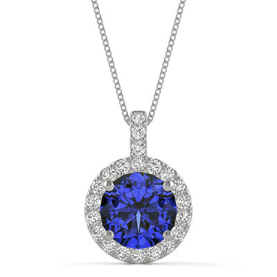 Moissanite & Lab Created Blue Sapphire Halo Pendant in 14K White Gold