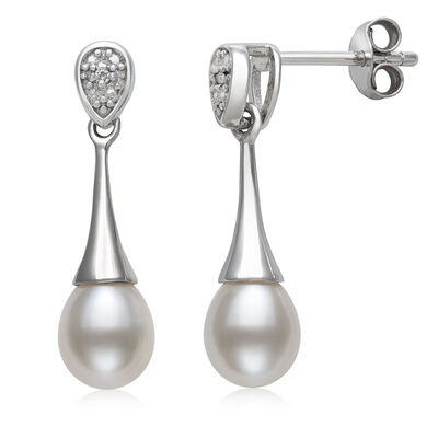 Freshwater Cultured Teardrop Pearl Earrings with Diamond Accent in Sterling Silver