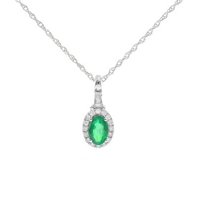 Oval Emerald & Diamond Pendant in 10K White Gold (1/7 ct. tw.)