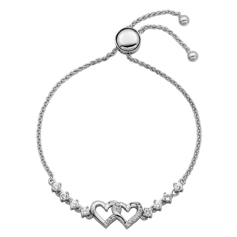 Lab Created White Sapphire Double Heart Bolo Bracelet in Sterling Silver