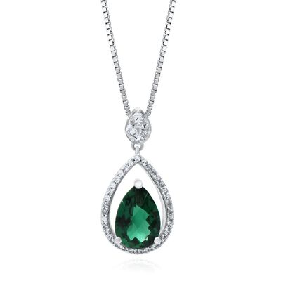 Lab Created Emerald & White Sapphire Teardrop Pendant in Sterling Silver