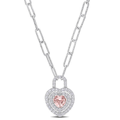 Morganite and Lab Created White Sapphire Heart Necklace in Sterling Silver
