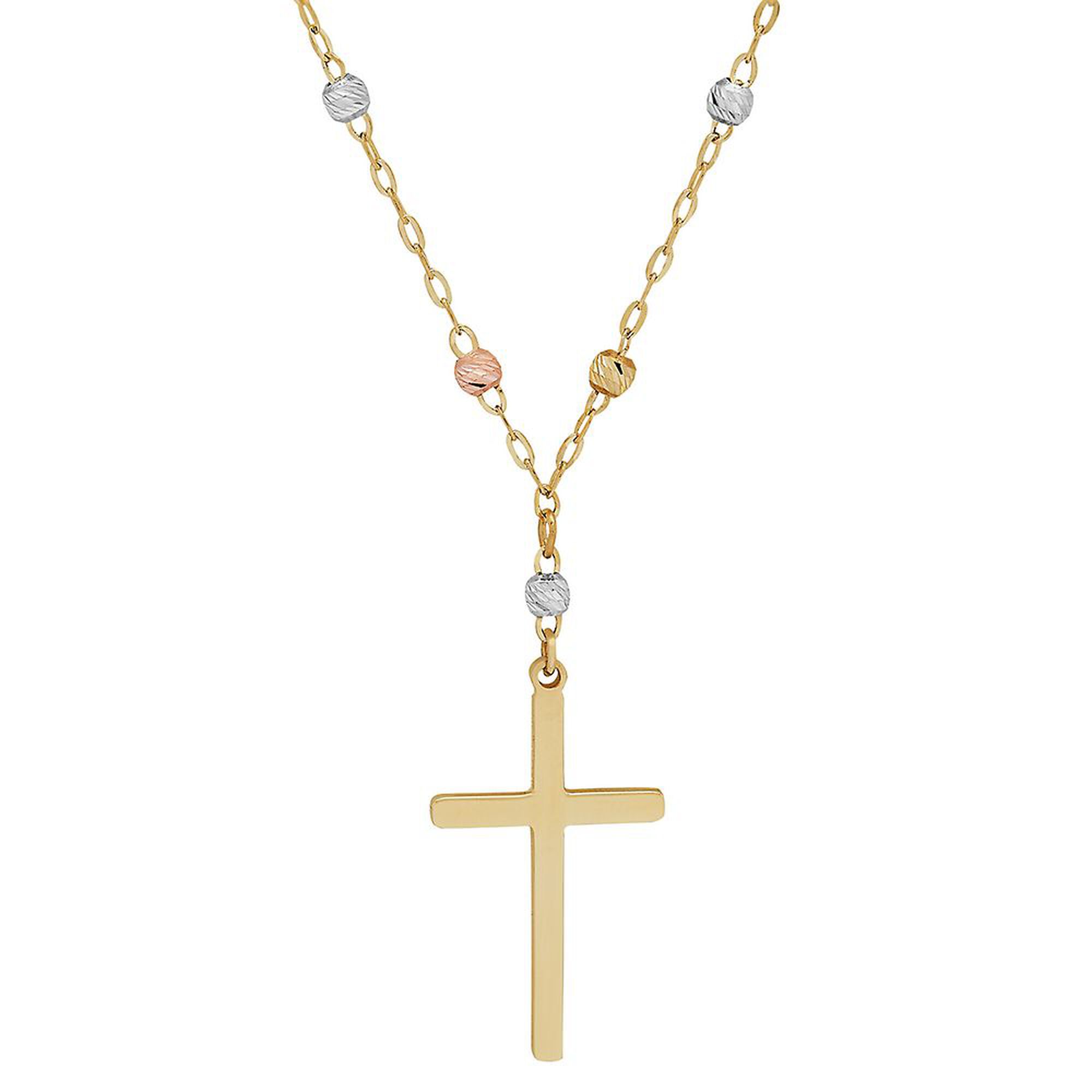 Three Strand Green Bead & Gold Plated Cross Pendant Necklace