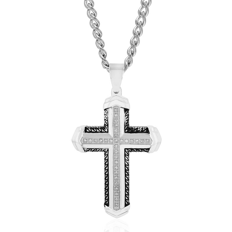 Men&rsquo;s Diamond &amp; Black Ion-Plated Cross Necklace in Stainless Steel &#40;1/4 ct. tw.&#41;