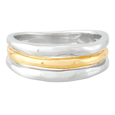 Hammered Three-Row Band in Sterling Silver & 10K Yellow Gold