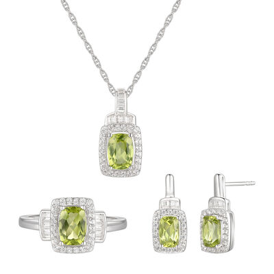 Cushion-Cut Peridot & Lab Created White Sapphire Earring, Pendant & Ring Set in Sterling Silver