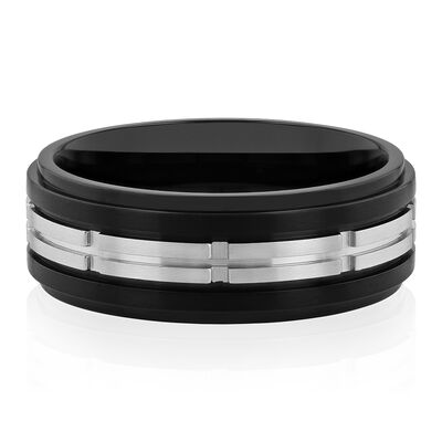 Men’s Two-Tone Ring in Black Ion-Plated Stainless Steel, 8mm