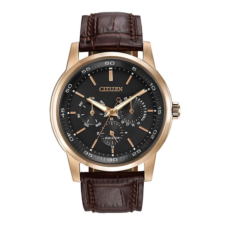 Men&#39;s Brown Leather Watch in Rose Gold-Tone Ion-Plated Stainless Steel, 44mm