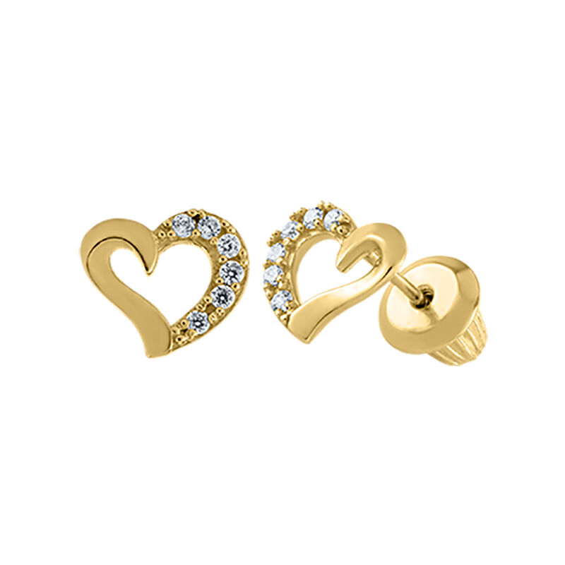 Children&#39;s Heart Stud Earrings with Cubic Zirconia in 14K Yellow Gold
