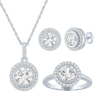 Round Lab Created White Sapphire Halo Earring, Pendant & Ring Set in Sterling Silver