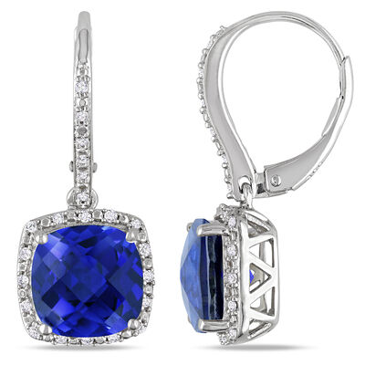 Lab-Created Blue Sapphire & Diamond Drop Earrings in Sterling Silver