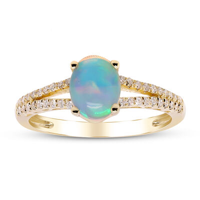 Ethiopian Opal Ring with Diamond Split-Shank Band in 10K Yellow Gold (1/5 ct. tw.)