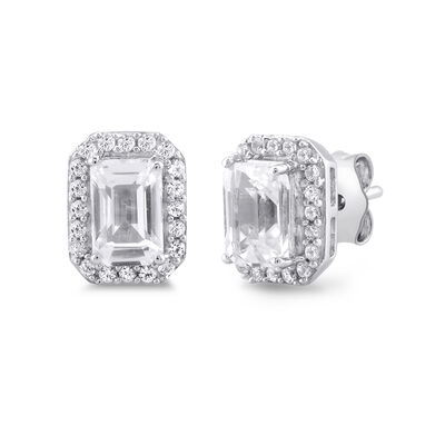Emerald-cut Lab Created White Sapphire Halo Earrings in Sterling Silver