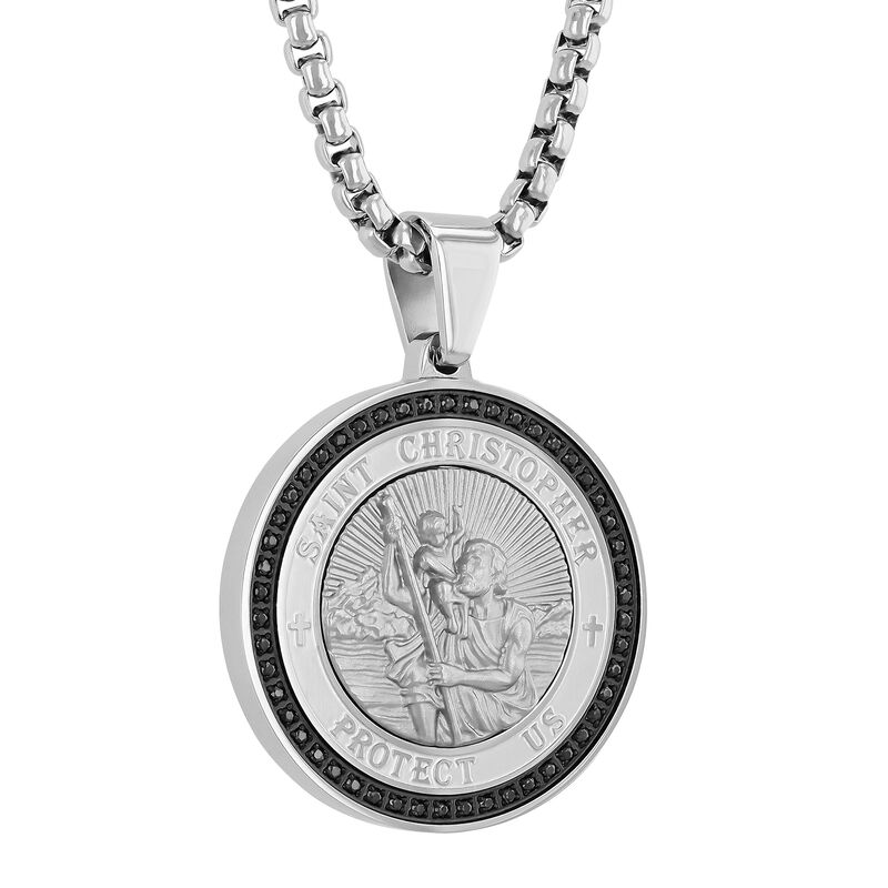 Men&rsquo;s Black Diamond St. Christopher Medallion in Stainless Steel &#40;1/4 ct. tw.&#41; 