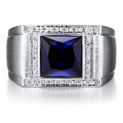 Men’s Lab-Created Blue Sapphire and Diamond Ring in Sterling Silver