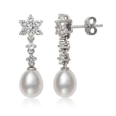 Freshwater Pearl & Lab Created White Sapphire Earrings in Sterling Silver