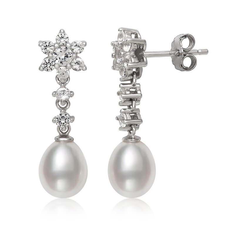 Freshwater Pearl &amp; Lab Created White Sapphire Earrings in Sterling Silver