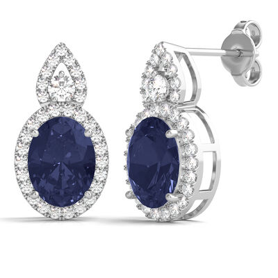Lab Created Blue Sapphire Oval Earrings with Lab Created White Sapphire Halo in Sterling Silver