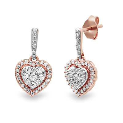 Diamond Heart Drop Earrings in 10K Rose Gold (1/4 ct. tw.)