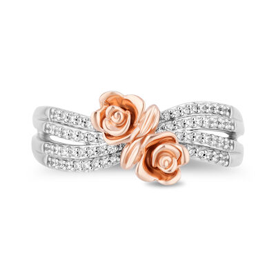 Belle Enchanted Rose Multi-Row Diamond Bypass Ring in Sterling Silver & 10K Rose Gold (1/5 ct. tw.)
