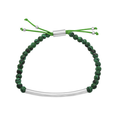 Sterling Silver Bar and Malachite Bead Bracelet with Adjustable Cord, 8.5”
