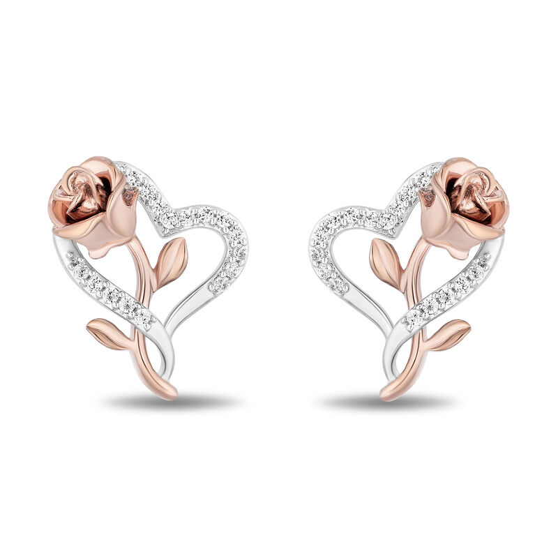 Enchanted Disney Belle Diamond Rose Heart Stud Earrings